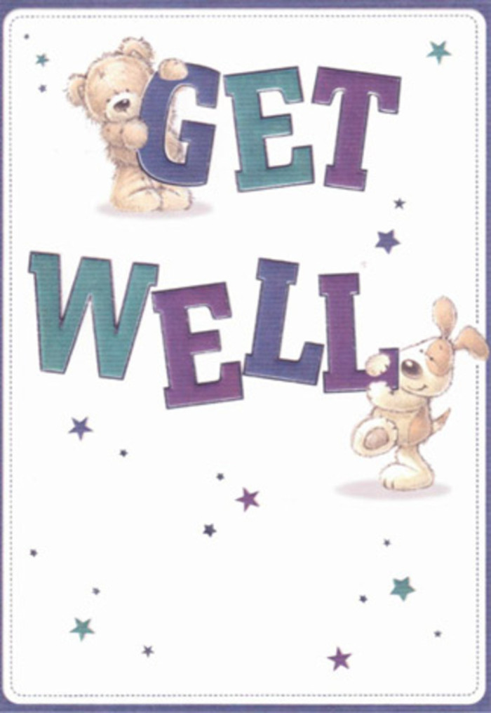 Perfect for those quieter days spent indoors recovering in Wealdstone, this get well card shines with the kind of gentle encouragement that neighbours share. The friendly, tactile illustrations feature a velvety brown bear, balanced lightly atop the cheerful 'GET,' and a floppy-eared puppy curled with affection below the confident 'WELL.' Sparkling stars in subdued purples and deep blues swirl around the pair, each twinkle a visual 'get well soon' echoing the thoughtful flowers and warm wishes that pass through Wealdstone's lively streets. The main text, shaded in rich purples and aquas, adds grounded optimism, much like a full bouquet arranged at a busy local shop or delivered as a surprise to a loved one on College Avenue. The scene is warmly lit, with a pristine cream background enhancing its air of clarity and comfort-qualities everyone craves during recovery. You can almost feel the bear's softness and the puppy's comforting nuzzle, and the entire card glows with sincerity and hope, reminding every recipient that they're in the hearts of those around them.